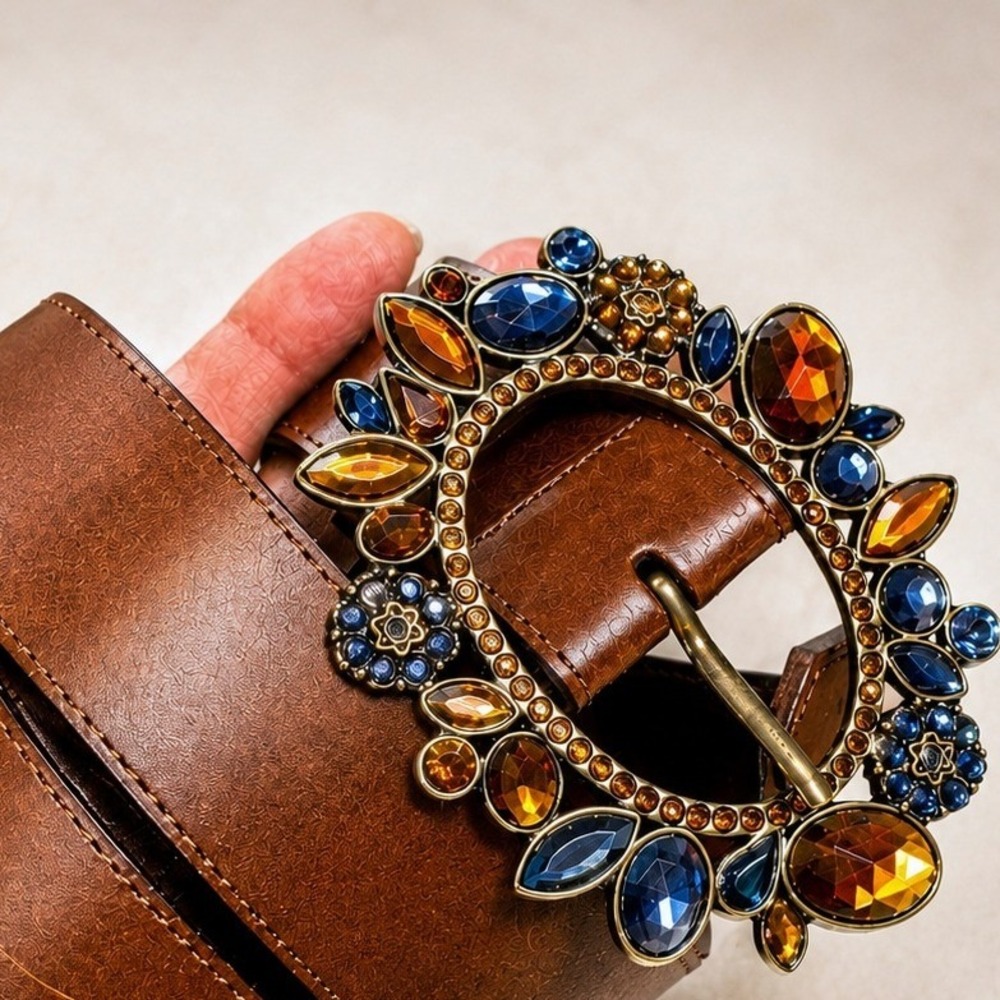 Amiee Lynn Brown Gemstone Buckle Belt M/L Leather-Lined Boho Western Statement